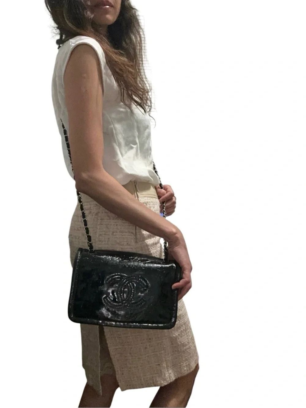 CHANEL Black Patent Leather Mini Shoulder Bag with Chain Strap